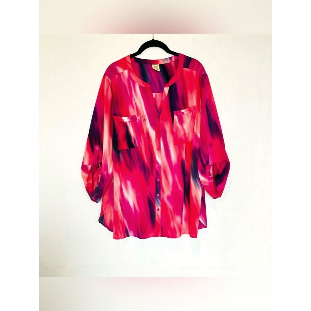 Faded Glory Abstract blouse Vibrant Fuchsia Sz 3XL Roll-Tab Sleeve Boho Career